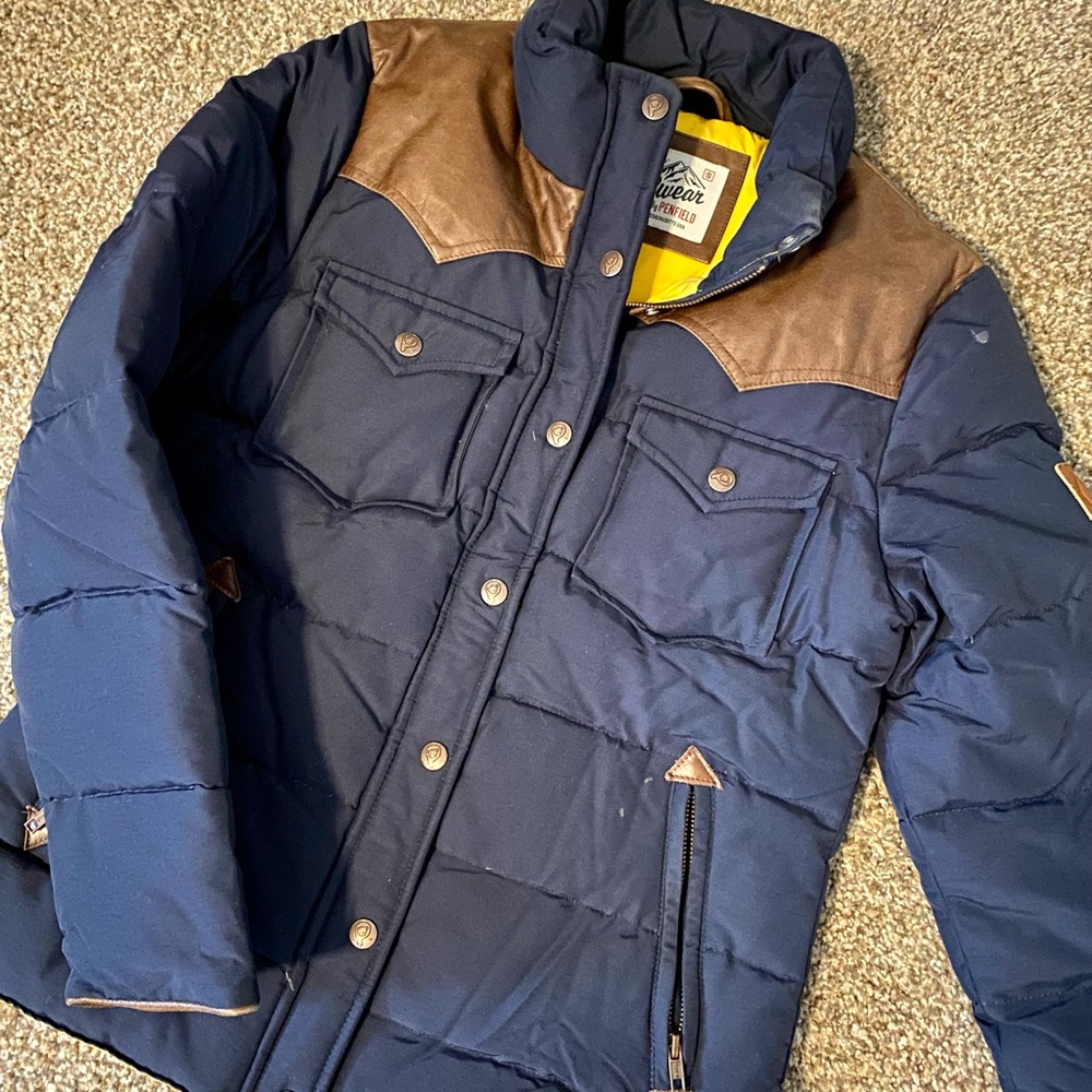 Penfield Navy and Brown Leather Puffer Jacket—used and in good condition